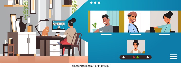 Woman Meeting With Mix Race Friends During Video Call Covid-19 Pandemic Coronavirus Quarantine Concept People Having Virtual Fun Live Conference Living Room Interior Horizontal Vector Illustration