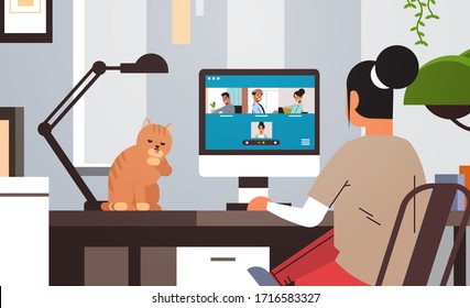 woman meeting with mix race friends during video call Covid-19 pandemic coronavirus quarantine concept people having virtual fun live conference living room interior horizontal vector illustration