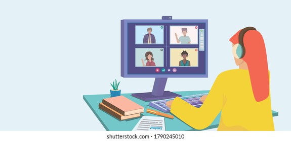 Woman meeting video online with international team worker at home working table,illustration picture.