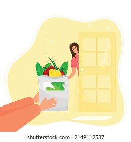 woman meets a courier at the door of the house. Safe or free grocery delivery to your home. Cartoon vector illustration in flat style