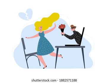 A woman meets a man on the Internet. She recognizes the deception and tries to get away from the deceiver. Flat vector illustration. 