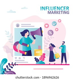 Woman with megaphone advertises product in social networks. Popular blogger attracts new subscribers with magnet. Concept of influencer marketing and social media advertising. Flat vector illustration