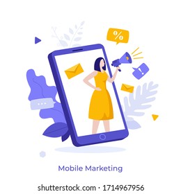 Woman with megaphone or bullhorn advertising product on smartphone screen. Concept of mobile advertisement, social media marketing or SMM, digital promotion. Modern flat colorful vector illustration.