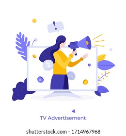 Woman With Megaphone Or Bullhorn Promoting Or Advertising Product On Television Screen. Concept Of TV Commercial, Advertisement Campaign, Promotion, Marketing. Modern Flat Colorful Vector Illustration