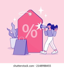 Woman with megaphone or bullhorn promoting or advertising product. advertisement campaign, promotion, marketing. Special offer promo. Big Sale Online Banner. Shop Now. Vector outline Illustration.