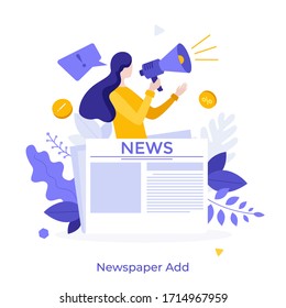 Woman with megaphone or bullhorn promoting product on newspaper. Concept of commercial, advertisement, promotion in periodical publication, printed media, news broadcasting. Flat vector illustration.