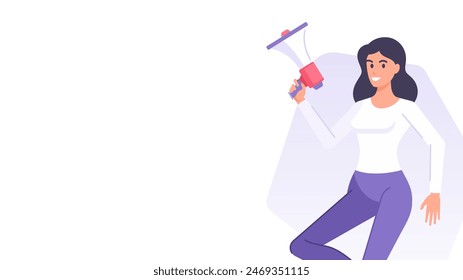 Woman with megaphone business advertising banner design template vector flat illustration. Smiling cartoon female with bullhorn loudspeaker shopping promo marketing public announcement communication