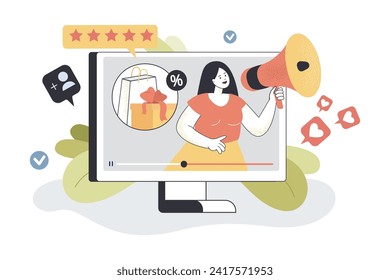 Woman with megaphone in computer vector illustration. Rating stars, shopping bag, discount percentage, Like symbols. Influencer, influence on consumers, advertising, marketing concept