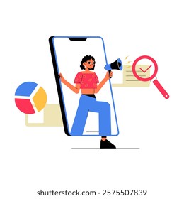 Woman With Megaphone Emerging From Smartphone In Flat Vector Illustration Symbolizing Digital Marketing, Promotion, And Advertising Campaigns, Isolated On White Background