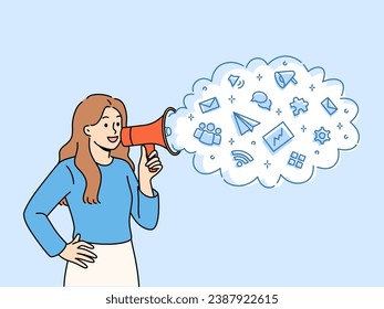 Woman with megaphone in hands announces business event or works as promoter advertising company services. Girl promoter with loudspeakers near cloud with icons symbolizing marketing