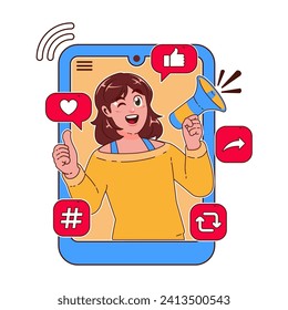 Woman with a megaphone in her hand Social media concept