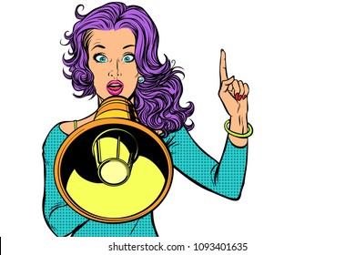 woman with megaphone, isolated on white background. Pop art retro vector illustration vintage kitsch drawing