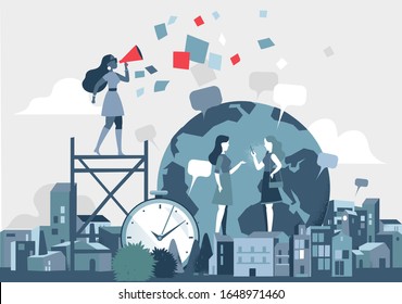 Woman with megaphone, loudspeaker. Young female cartoon characters chatting, using mobile phone - Vector illustration