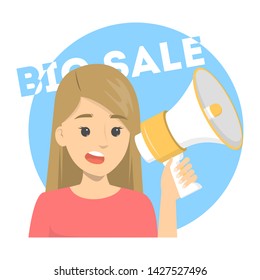 Woman with a megaphone make announcement. Shouting through loudspeaker, big sale advertising. Business promotion. Isolated vector illustration in cartoon style