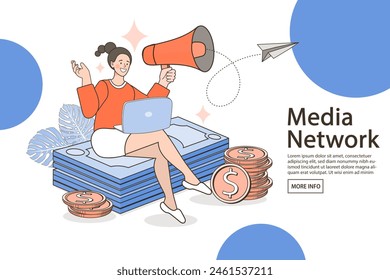 Woman with megaphone and money outline. Attracting investments. Attention announcement, important message. Loudspeaker or loud voice concept. Revenue increase. Compound interest.  influence blogger.