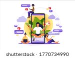 Woman with megaphone on screen mobile phone and young people surrounding her. Vector illustration in flat with characters - influence blogger promotion services and goods for his followers online.