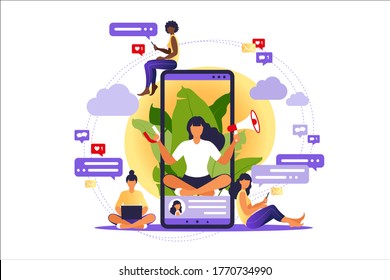 Woman with megaphone on screen mobile phone and young people surrounding her. Vector illustration in flat with characters - influence blogger promotion services and goods for his followers online.