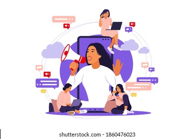 Woman with megaphone on screen mobile phone and young people surrounding her. Vector illustration in flat with characters - influence blogger promotion services and goods for his followers online.