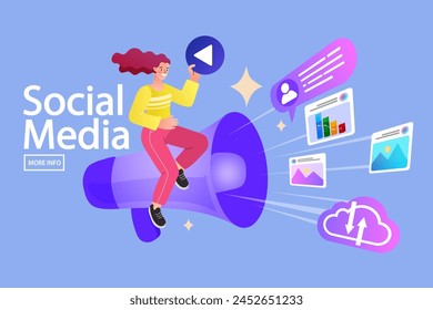 Woman with megaphone on screen. social media or network promotion. influencer marketing concept - blogger promotion services and goods for his followers online. Flat vector outline illustration.