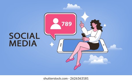 Woman with megaphone on screen. social media or network promotion. influencer marketing concept - blogger promotion services and goods for his followers online. Flat vector outline illustration.