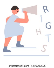 Woman with megaphone on steps.. People's rights concept. Equal pay, feminism movement. Vector illustration. 