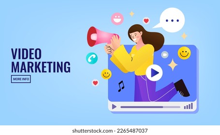 Woman with megaphone on video media player. social media with Live streaming. Online Video blogging digital marketing. digital campaign concept. influencer advertising. vector illustration.