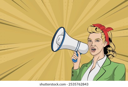 Woman with a megaphone pop art comic book retro style vector illustration banner background. Girl with loudspeaker. Female announcing discount or sale. Special offer, shopping, protest.