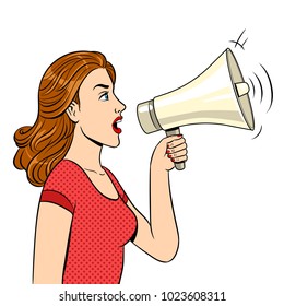 Woman with megaphone pop art style vector illustration. Human illustration. Isolated image on white background. Comic book style imitation. Vintage retro style.