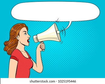 Woman with megaphone pop art style vector illustration. Human illustration. Text bubble. Comic book style imitation. Vintage retro style.