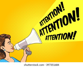 Woman with megaphone pop art style vector illustration. Human illustration. Comic book style imitation. Vintage retro style. Conceptual illustration