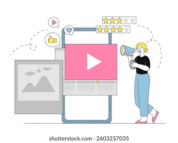 A woman with a megaphone promoting video content on a large mobile screen, surrounded by rating stars, likes, and play icons. Digital marketing concept. Vector illustration