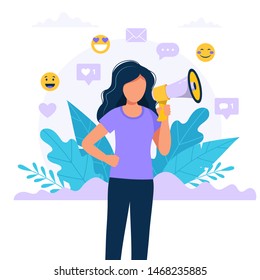 Woman with megaphone - refer a friend, promotion, advertising, announcement concept illustration. Vector illustration in flat style.