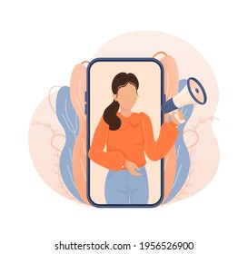 Woman with megaphone in retro style on yellow background. Woman with megaphone, great design for any purposes. Vector illustration.