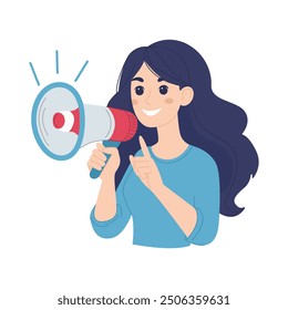 Mujer con megáfono diciendo algo. Concepto de comunicación de marketing. Hablando con megáfono. Ilustración vectorial gráfica plana aislada sobre fondo blanco