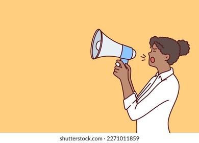 Woman with megaphone shouts loudly to inform others about new profitable promotion for shoppers. Girl with megaphone participates in protest, expressing manifesto for participants in civil action 