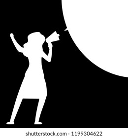 Woman With Megaphone. Woman Silhouette With Bullhorn With Speech Bubble - Black And White Message Template. Vector Illustration