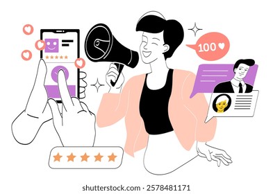 Woman with megaphone, smartphone with ratings, hearts, reviews, and user profiles on a white background. Flat illustration concept of digital engagement. Vector illustration.