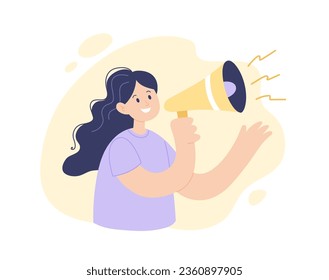 Woman with megaphone speaking. Female character concept of announcement, advertising, promotion. flat cartoon vector illustration.
