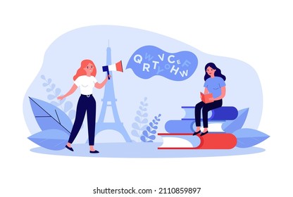 Woman with megaphone teaching French alphabet. Girl student learning, sitting on books flat vector illustration. Language course, education concept for banner, website design or landing web page