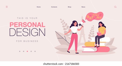 Woman with megaphone teaching French alphabet. Girl student learning, sitting on books flat vector illustration. Language course, education concept for banner, website design or landing web page