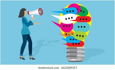 Mulher com megafone tentando gritar todas as suas mensagens. Dimension 16:9 Ilustração vetorial.