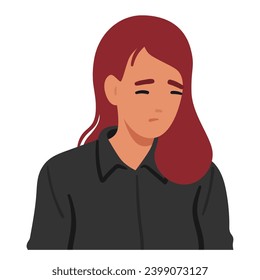 Woman With Melancholic Expression, Eyes Downcast And A Subtle Frown Conveying Profound Sadness, As If Carrying The Weight Of Untold Sorrows On Her Delicate Features. Cartoon People Vector Illustration