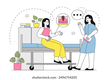 Woman with melanoma. Dermatologist examines patients skin. Cancer prevention and health care. Doctor diagnoses oncology. Oncologist examination in hospital. Linear vector illustration