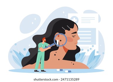 A woman with melanoma. Plastic surgery and cosmetology. Cancer treatment. Health, medicine, diagnostics. Girl with skin care procedures. Flat vector illustration isolated on white background