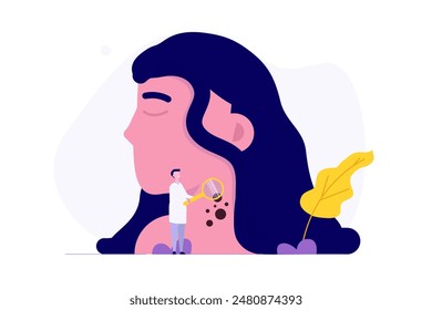 Woman with melanoma, skin cancer. Doctors, holding magnifying glasses, examine a girl's skin and identify a melanoma. Vector illustration.