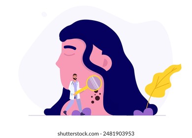 Woman with melanoma, skin cancer. Doctors, holding magnifying glasses, examine a girl's skin and identify a melanoma. Vector illustration.