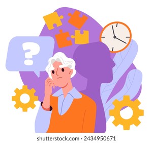 Woman with memory loss. Pensioner with brain diseases, alzheimer. Health care and treatment. Grandmother near silhouette of head and colorful puzzles. Cartoon flat vector illustration