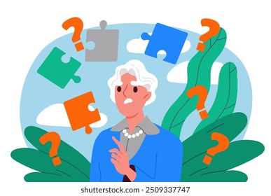 Woman with memory problems. Grandmother with question signs. Dementia and alzheimer. Elderly person with cognitive brain problems. Flat vector illustration isolated on white background