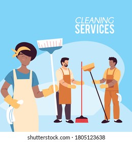 woman and men with brooms and apron in cleaning service vector illustration desing