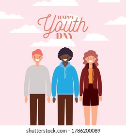 woman and men cartoons smiling of happy youth day design, Young holiday and friendship theme Vector illustration